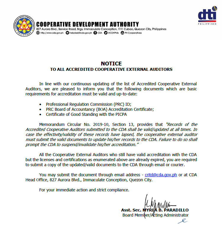 NOTICE TO ALL ACCREDITED COOPERATIVE EXTERNAL AUDITORS CDA