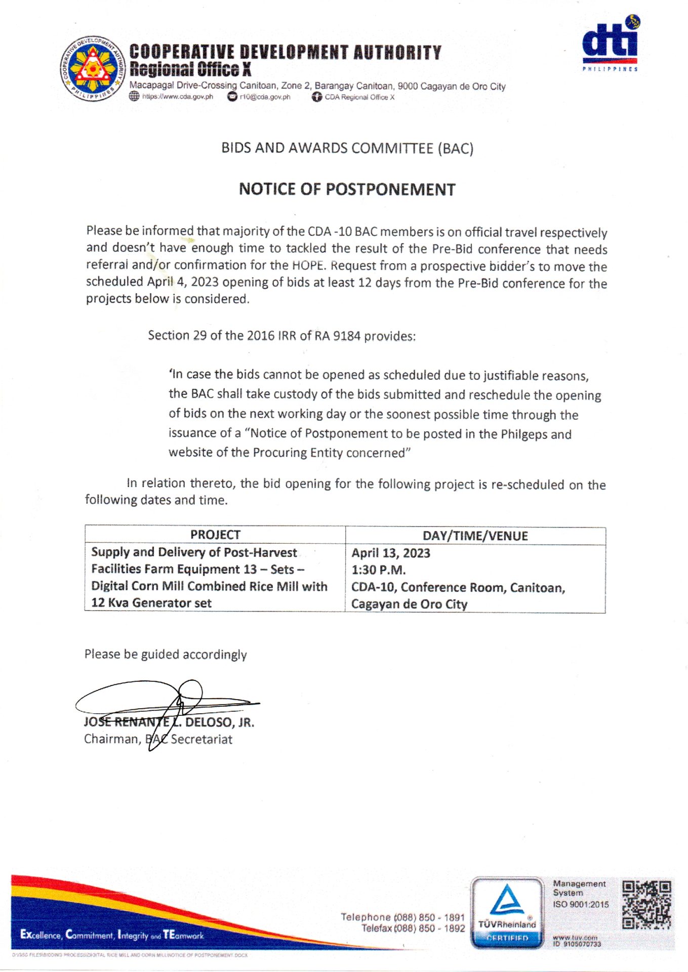 Notice of Postponement